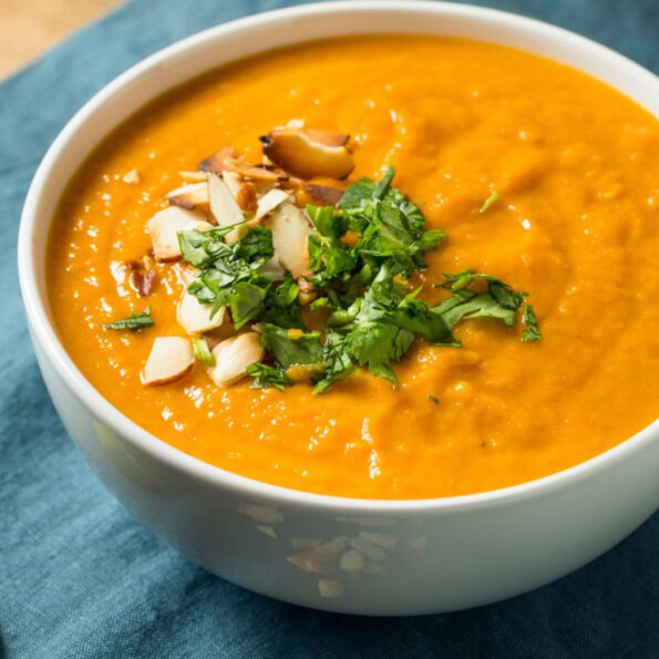 Homemade Thai Sweet Potato Soup with Cilantro and Almonds