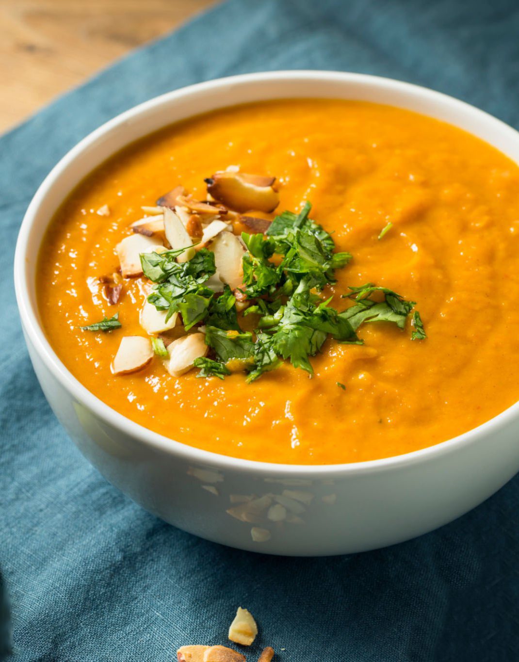 Homemade Thai Sweet Potato Soup with Cilantro and Almonds