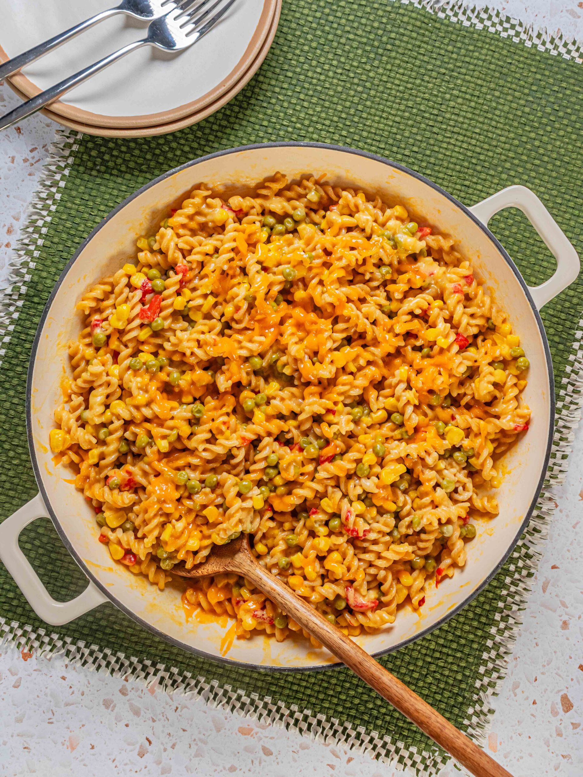 easy family meal made with boxed mac & cheese, canned peas and canned corn