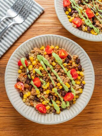 canned corn in chicken grain bowl