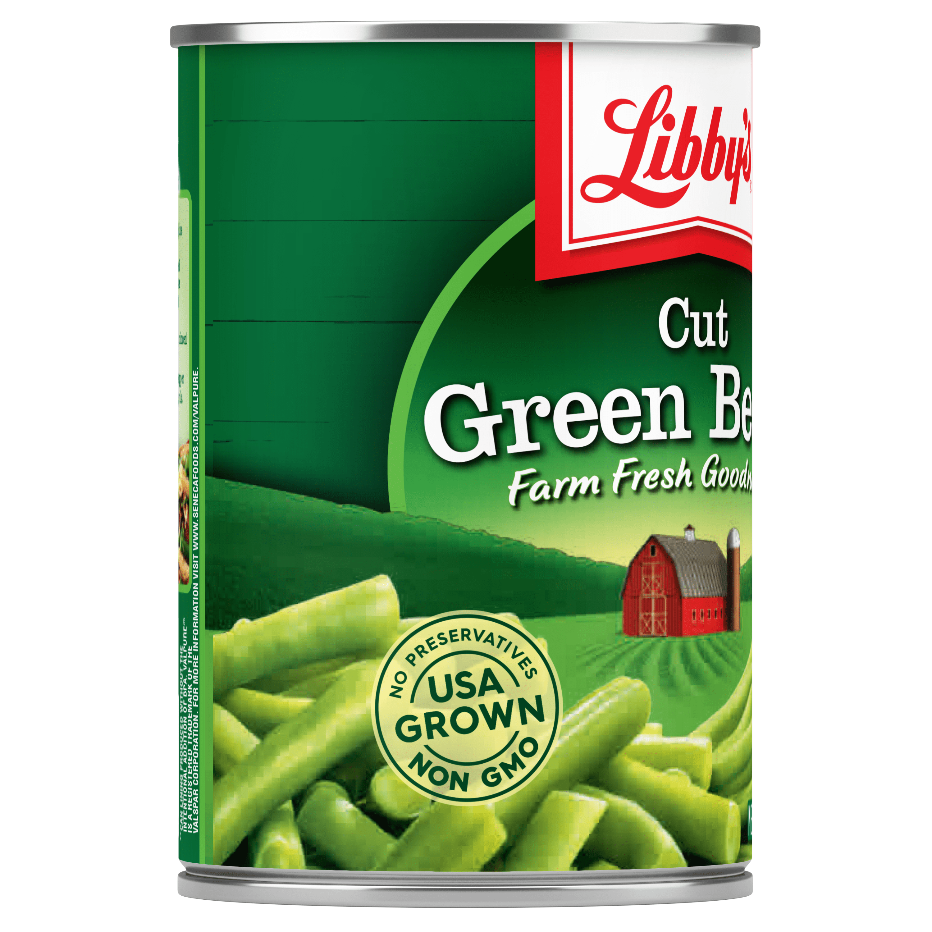 Libby's Cut Green Beans, 14.5 oz. Can, Canned Green Beans left panel of label showing USA Grown, No Preservatives and Non GMO information