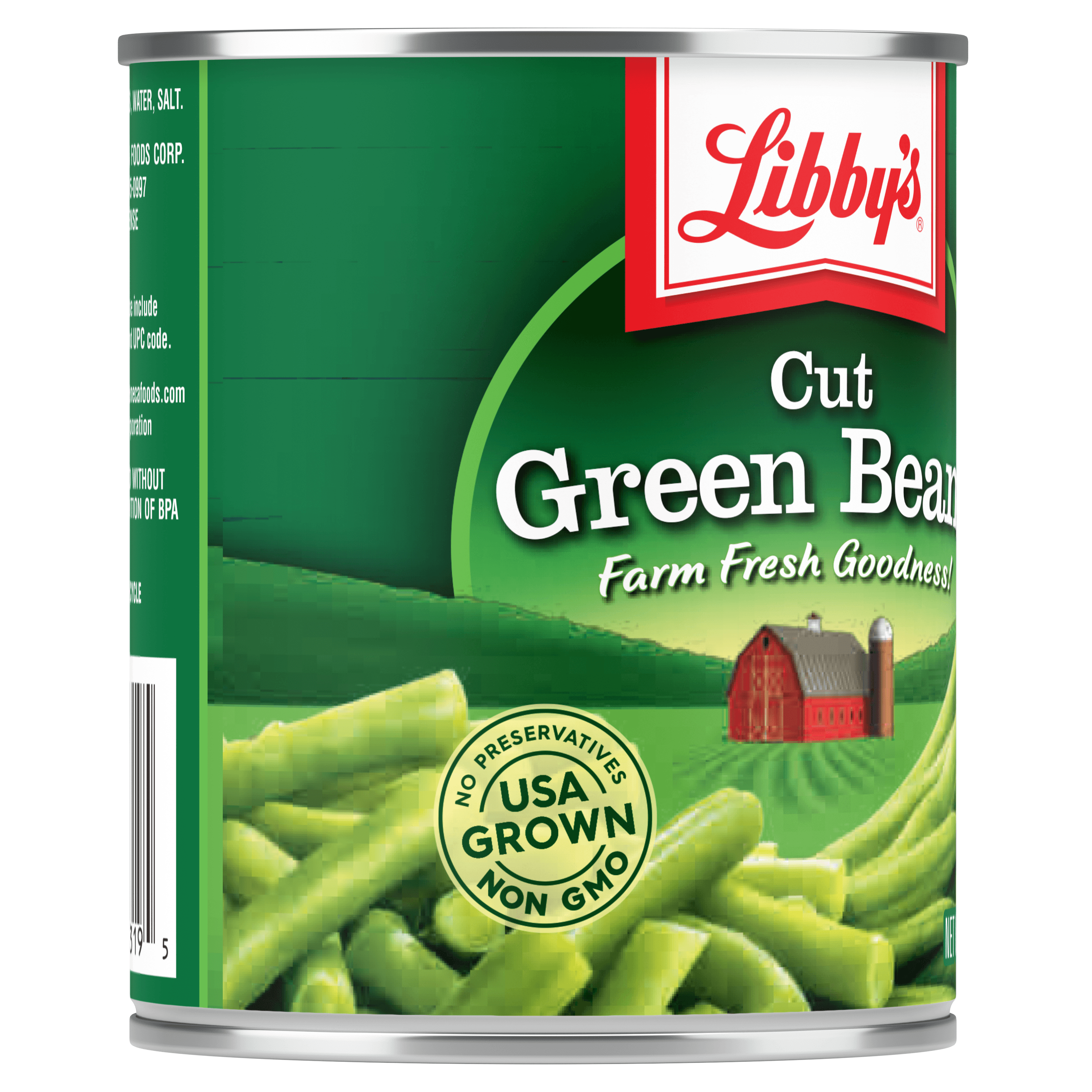 Libby's Cut Green Beans, 8 oz. Can, Canned Green Beans left panel of label showing USA Grown, No Preservatives and Non GMO information