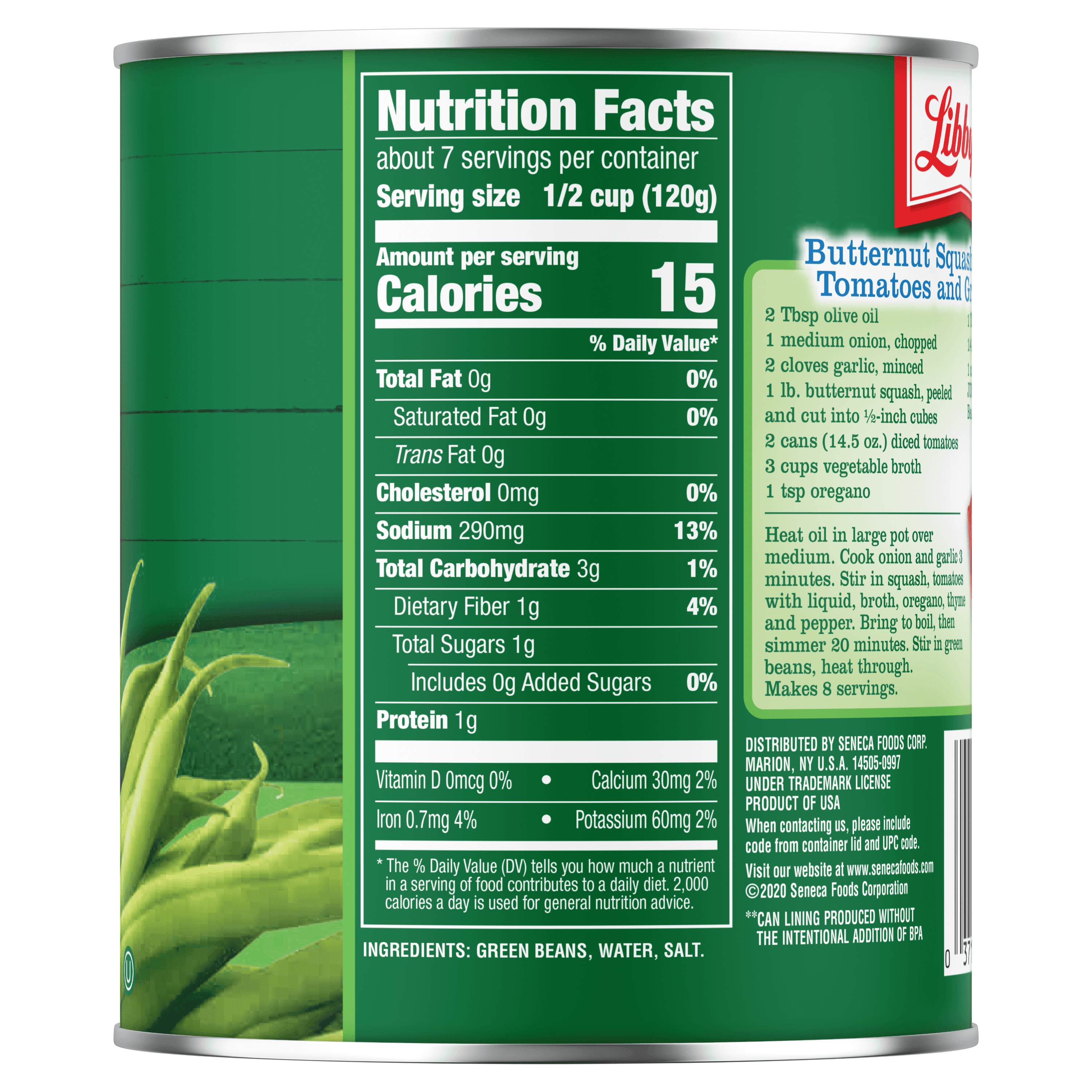 Libby's Canned Green Beans, 28 oz, Jumbo-Can, Libby's Cut Green Beans Nutrition Facts panel, NFP, nutritional content