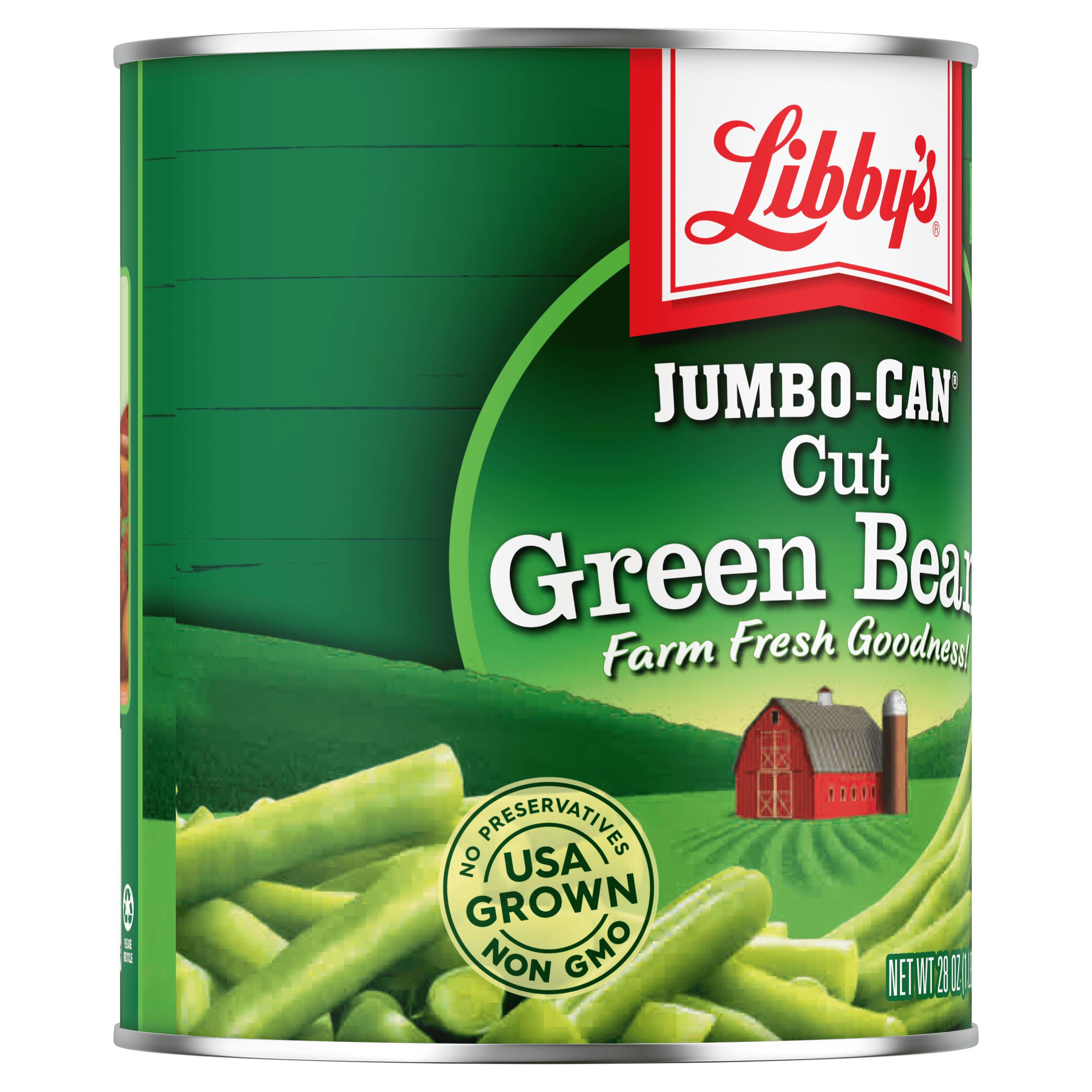 Libby's Cut Green Beans, 28 oz. Can, Canned Green Beans left panel of label showing USA Grown, No Preservatives and Non GMO information, Non-GMO
