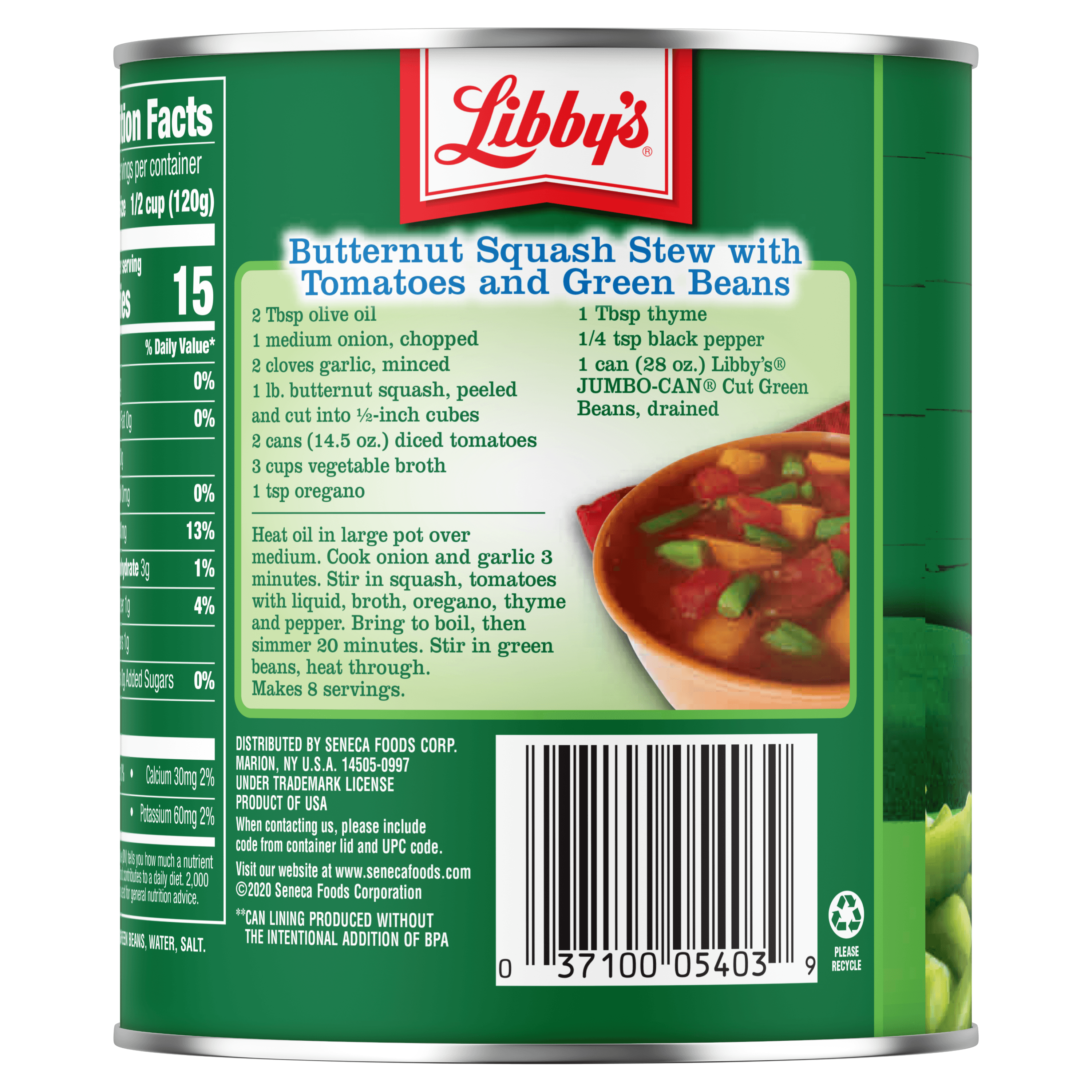 Canned Green Beans Ingredient statement and Recipe, Libby's Cut Green Beans, 28 oz. Can, Jumbo-Can
