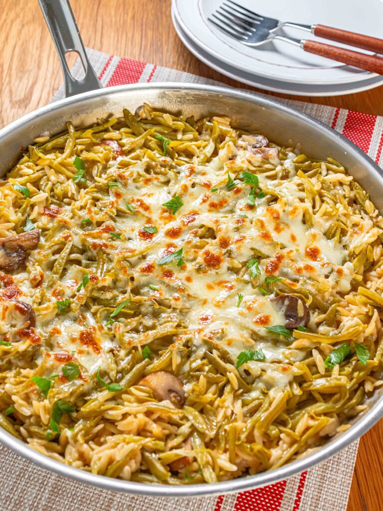 Cheesy Mushroom and Green Bean Orzo