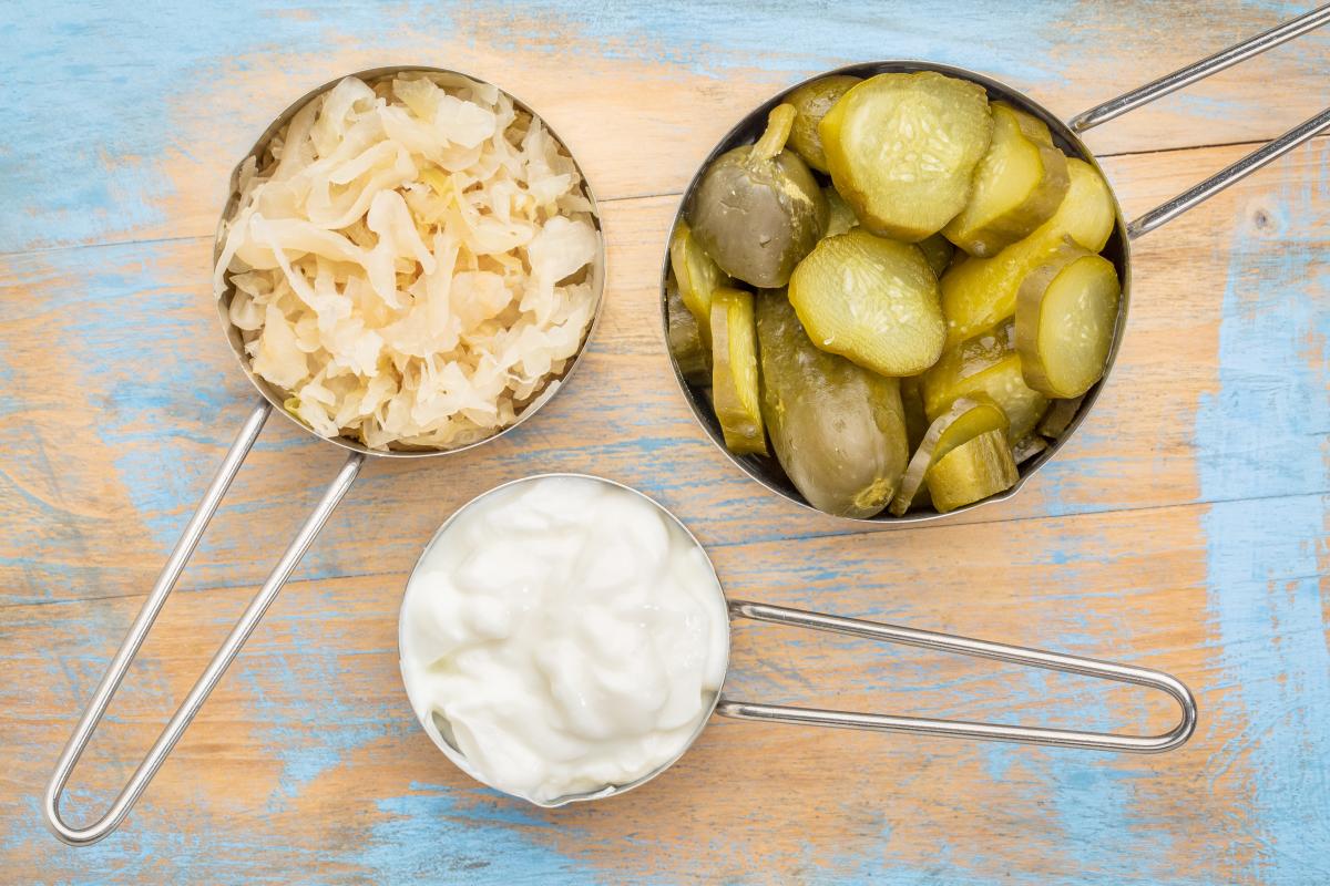 Sauerkraut, cucumber pickles and yogurt