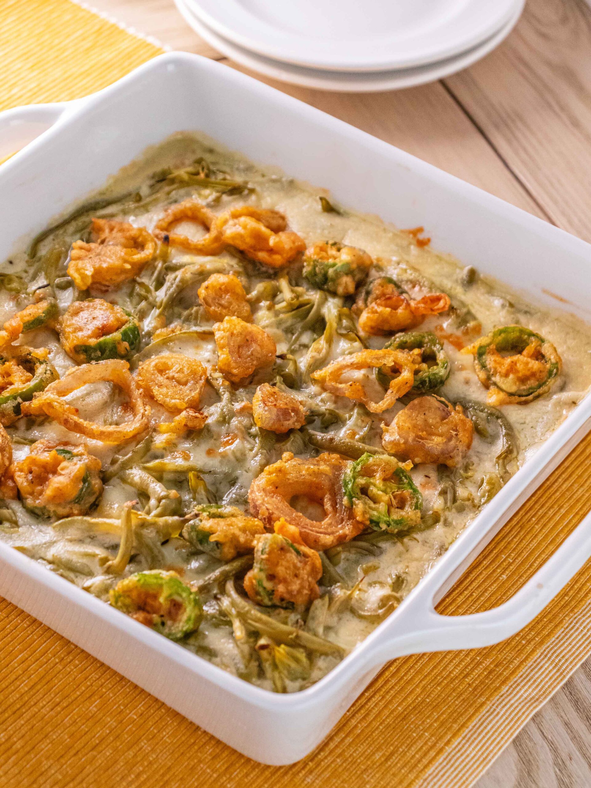 Crispy Shallot + Jalapeno Green Bean Casserole