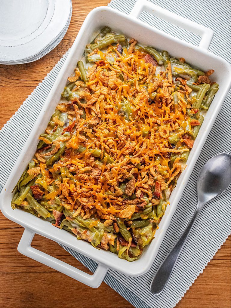 Loaded Green Bean Casserole with Bacon & Cheddar Cheese