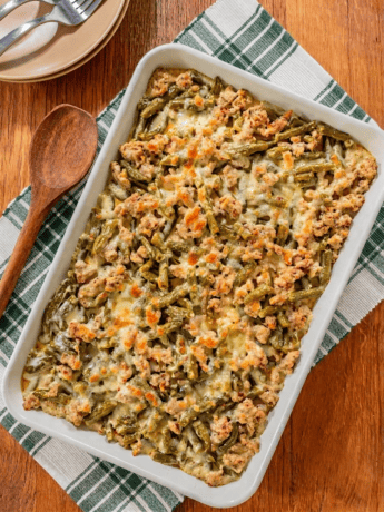 recipe made with canned green beans, Italian sausage, Alfredo sauce and mozzarella cheese