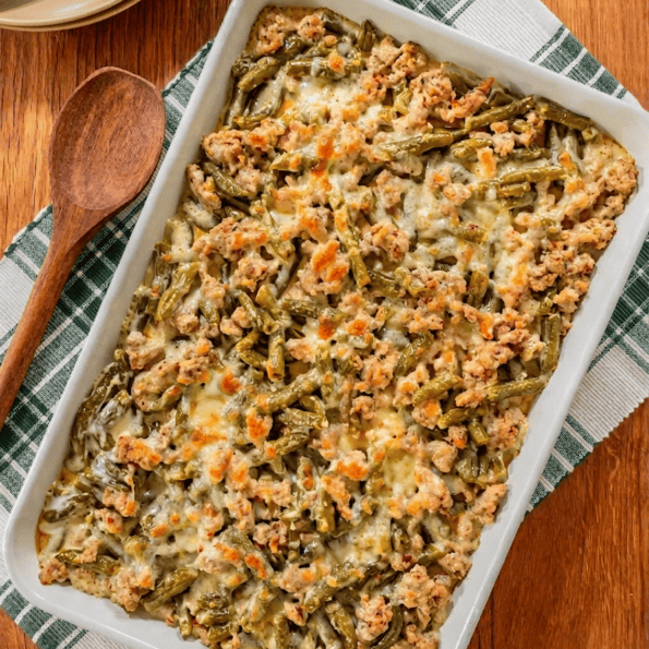 recipe made with canned green beans, Italian sausage, Alfredo sauce and mozzarella cheese