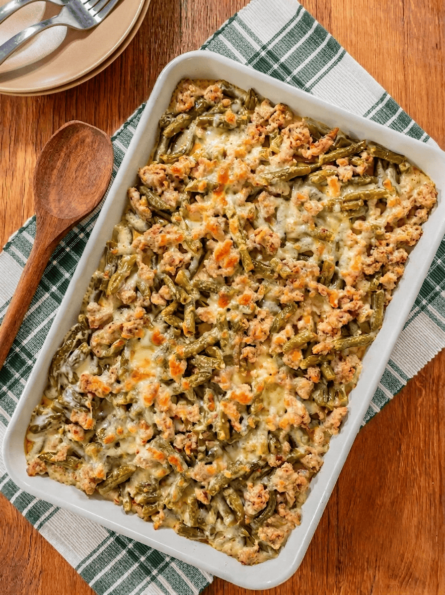 recipe made with canned green beans, Italian sausage, Alfredo sauce and mozzarella cheese