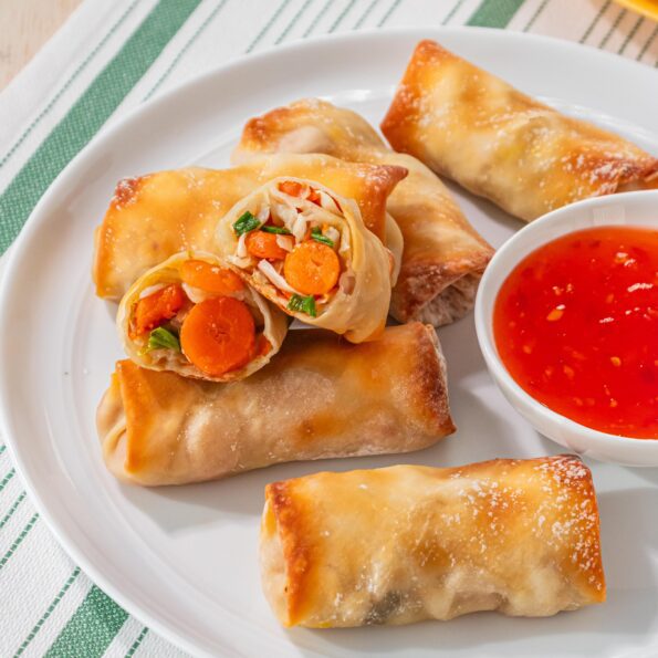 homemade egg rolls with canned carrots and vegetable filling, cooked in air fryer