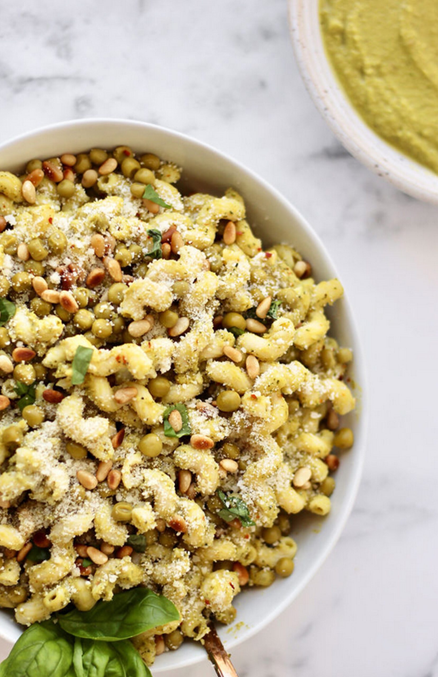 Pea Pasta with Sweet Peas, Basil, Parmesan Cheese & Pine Nuts