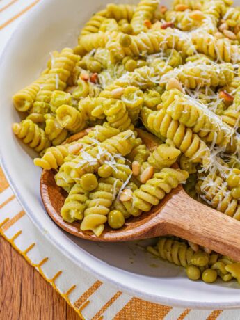 nutritious pasta meal with a creamy sauce made from canned peas