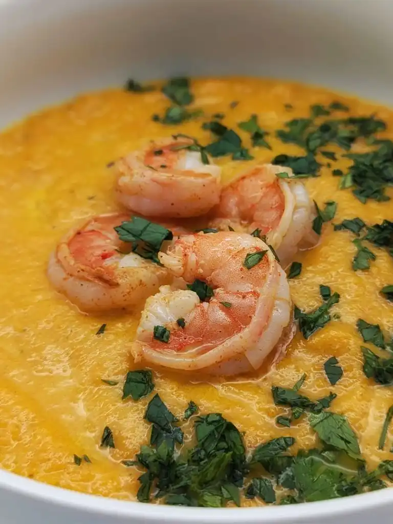 Carrot, Leek and Jalapeño Soup with Chili Lime Shrimp