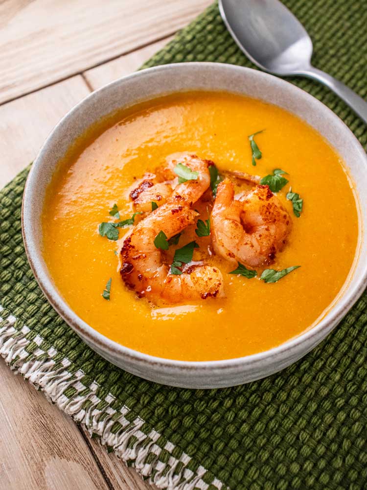 Carrot, Leek and Jalapeño Soup with Chili Lime Shrimp